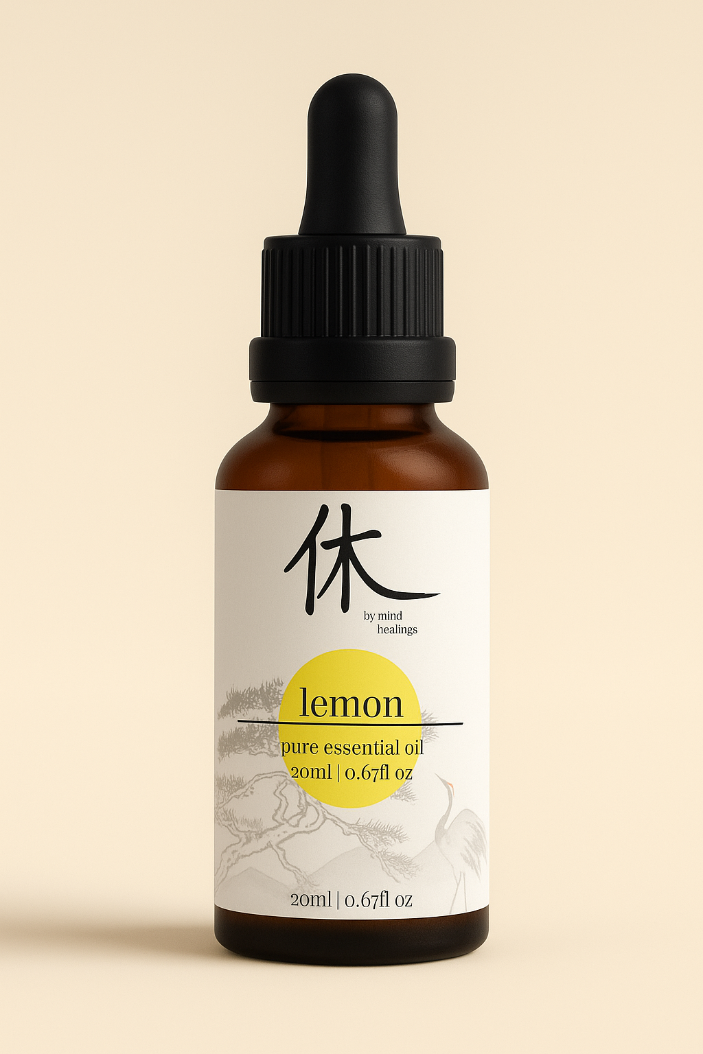 bottle of lemon pure essential oil with a dropper on a beige background